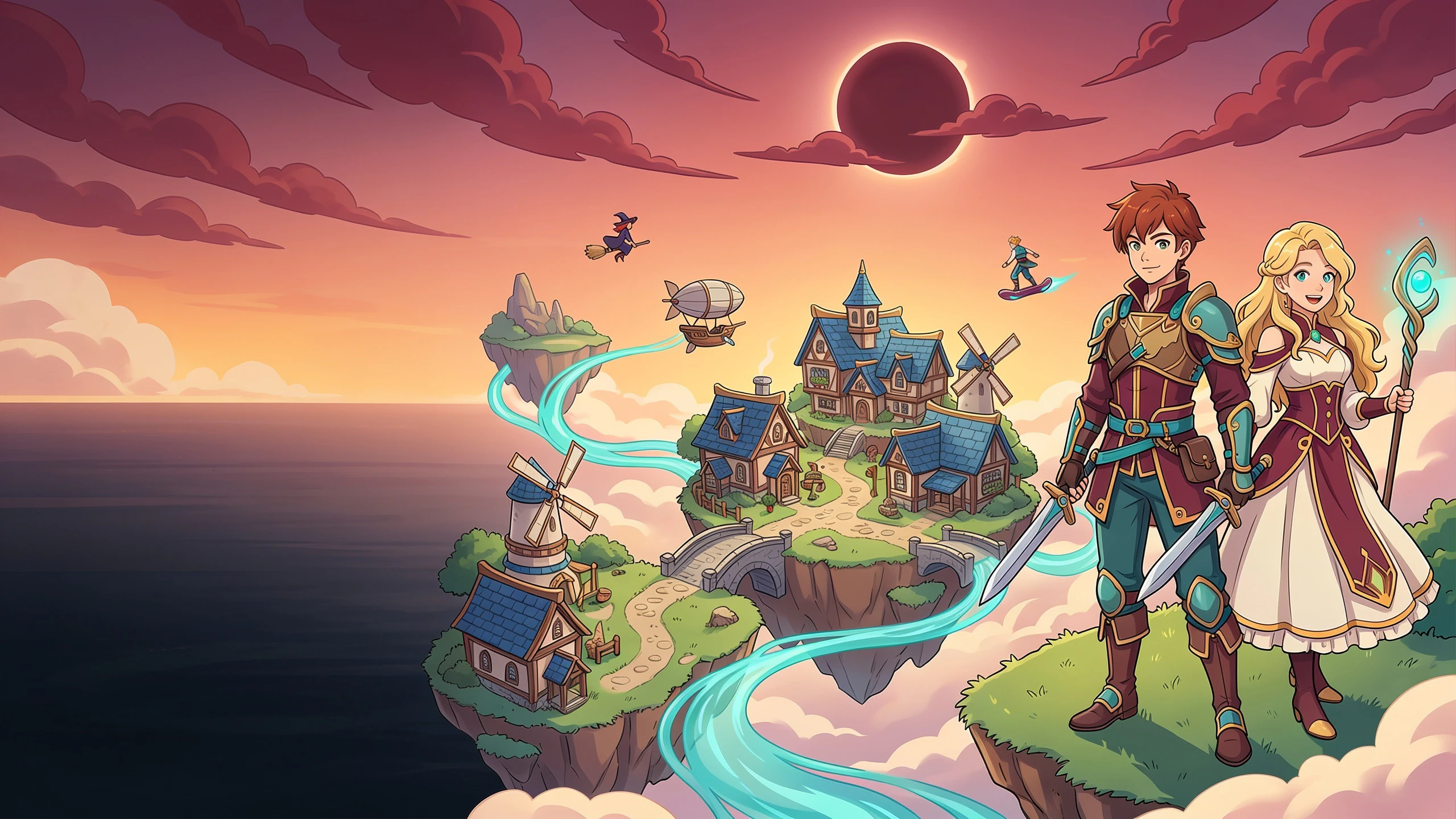 A floating village beneath an eclipse with airships, aether paths and riders crossing the sky.