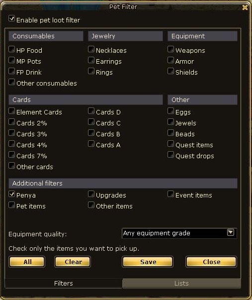 Pickup pet · choose the loot categories that matter to you.