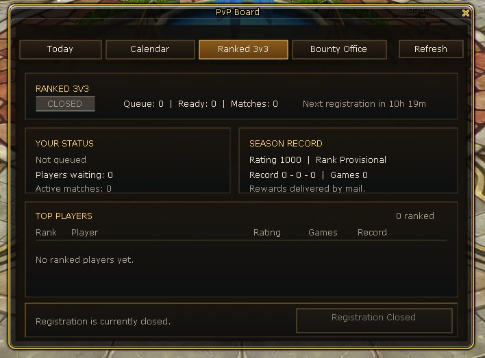 Ranked 3v3 · queue, season record and your personal standing.