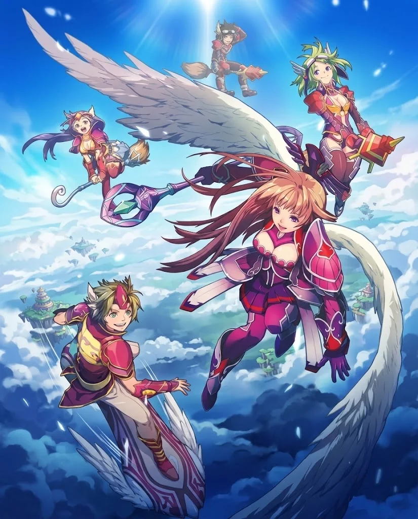 A group of adventurers soars above the clouds on winged flying boards.