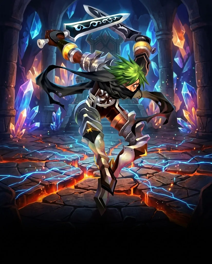 A green-haired fighter with twin blades battles inside a crystal-lit dungeon.