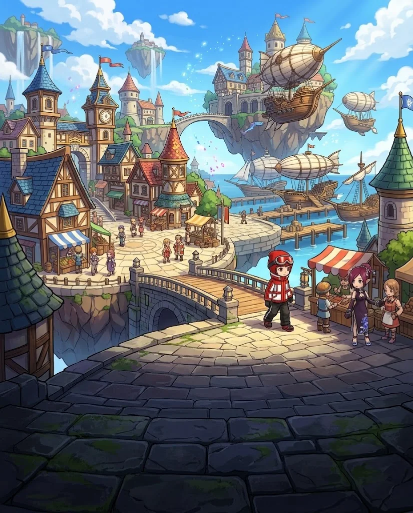 A lively floating island city with colorful towers, airships, markets and a sky harbor.