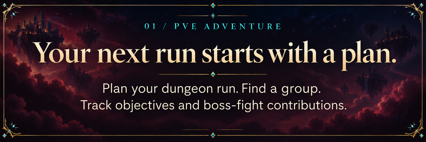 PvE adventure: plan dungeon runs, find groups, track objectives and boss-fight contributions.
