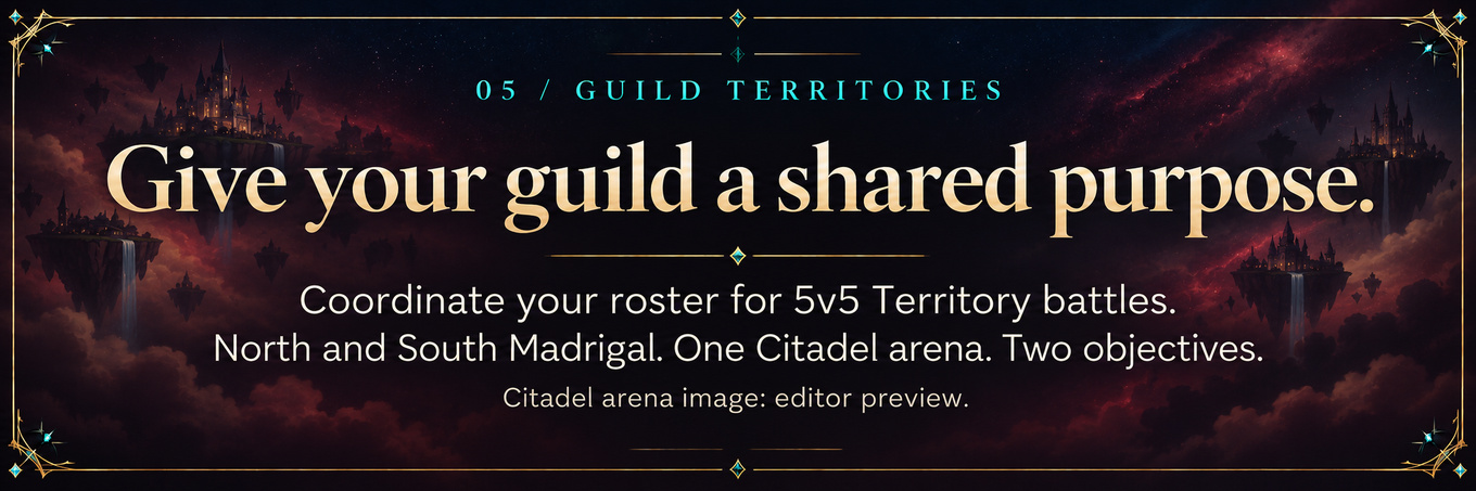 5v5 Guild Territories: North and South Madrigal. Citadel image is an editor preview.