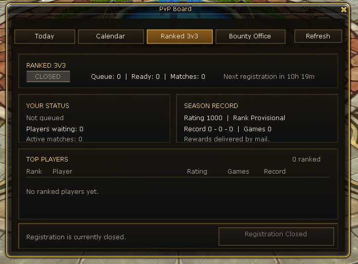 PvP Board with Ranked 3v3 queue and season information.