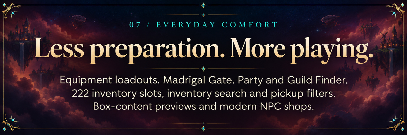 Loadouts, Madrigal Gate, finders, 222 inventory slots, search, pickup filters and box previews.